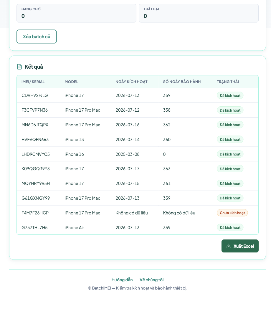 BatchIMEI results table with model activation warranty and status